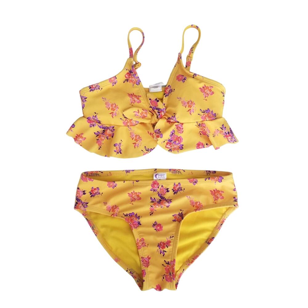 ❤️2/$12 Sugar & Jade Girl's Standard Teen 2Pc Swimsuit Yellow Floral, Sz M (10)